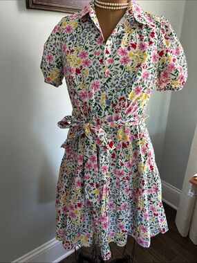 kate spade White Floral Midi Dress with Pink, Yellow & Green Print